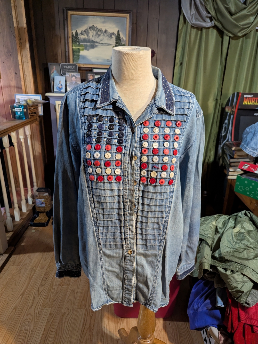 Westbound Light Blue Denim Jacket with Red, Navy & White Button Details